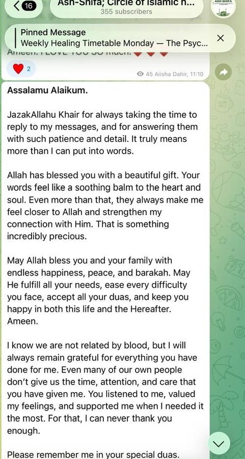 Message from a reader, via Ash-Shifa community
